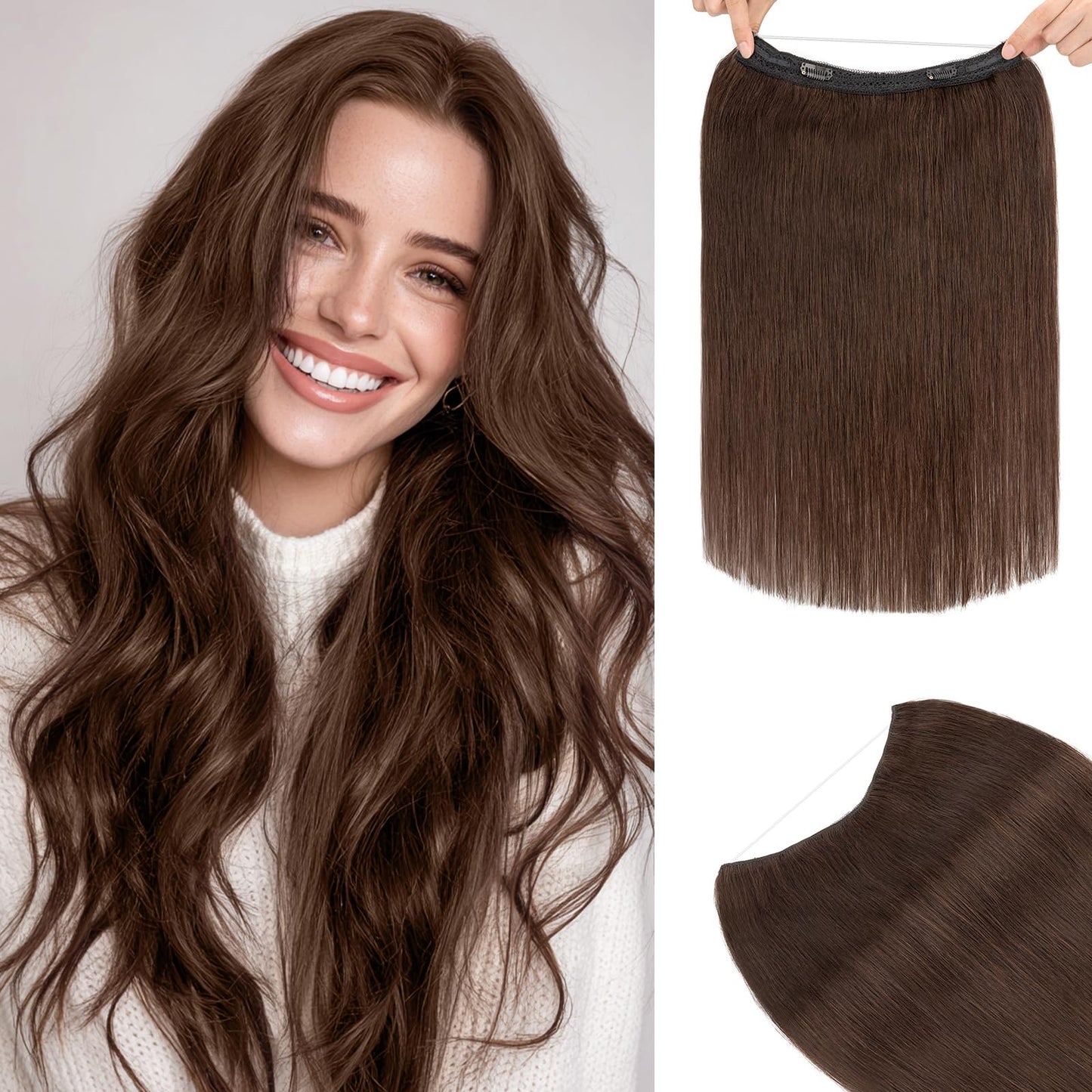TESS Halo Hair Extensions Real Human Hair Remy Hair 12 Inch Straight Adjustable Invisible Wire Easy to Use Clip in, Dark Brown