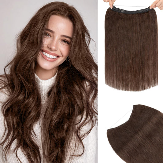 TESS Halo Hair Extensions Real Human Hair Remy Hair 12 Inch Straight Adjustable Invisible Wire Easy to Use Clip in, Dark Brown