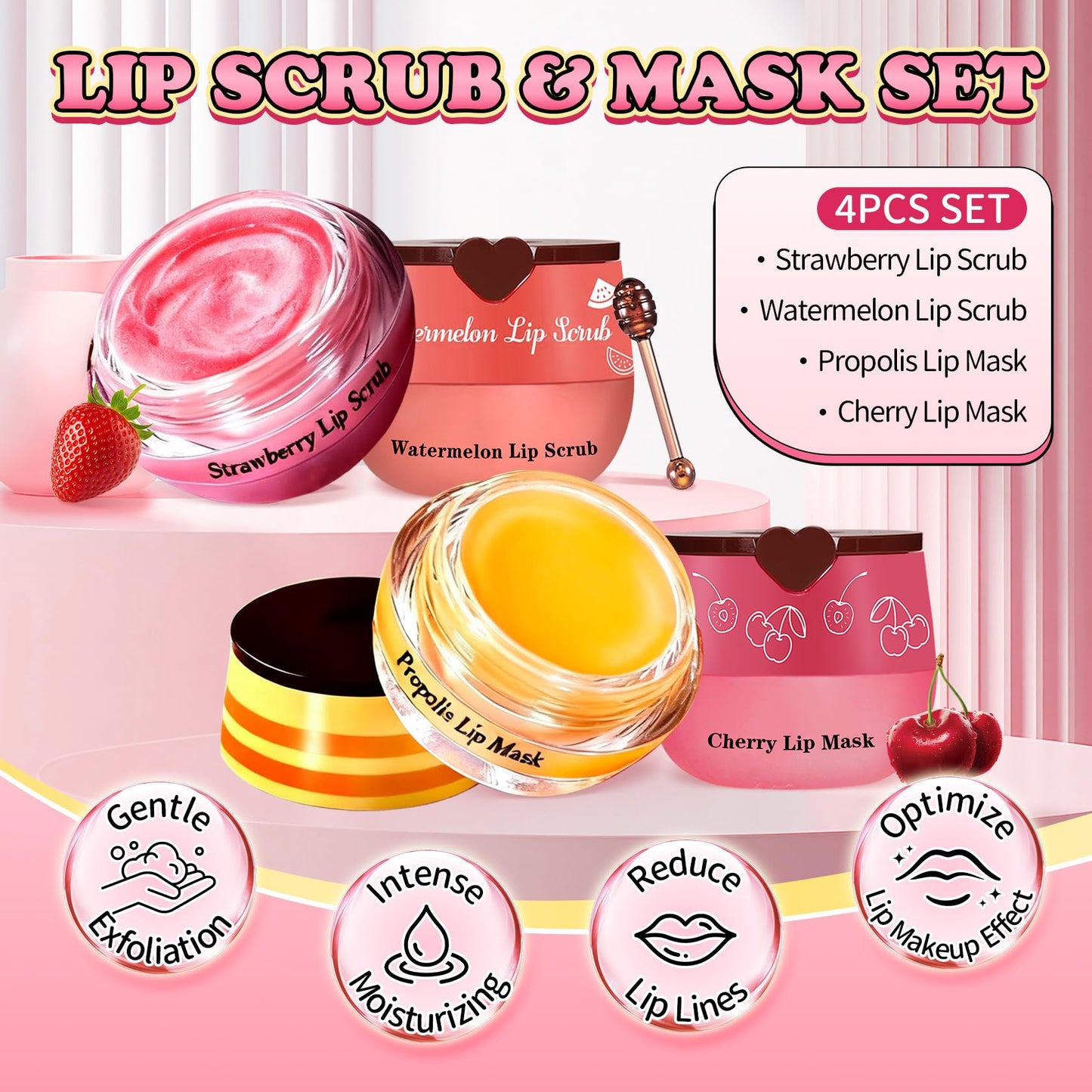 UAOE 4PCS Lip Scrub and Mask Set,Reduce Fine Lines Lips Care Set