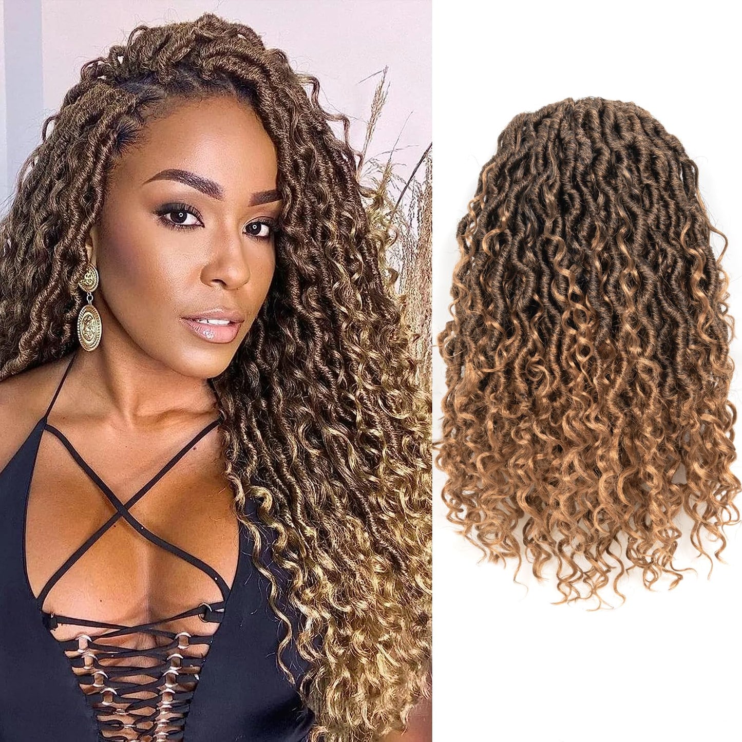 ToyoTress Boho Faux Locs Crochet Hair - 12 Inch 8 Packs Ombre Blonde Bohemian Locs Crochet Hair With Curly Ends for Black Women, Short Pre-looped Synthetic Braiding Hair Extensions（12 Inch, T27-8P)
