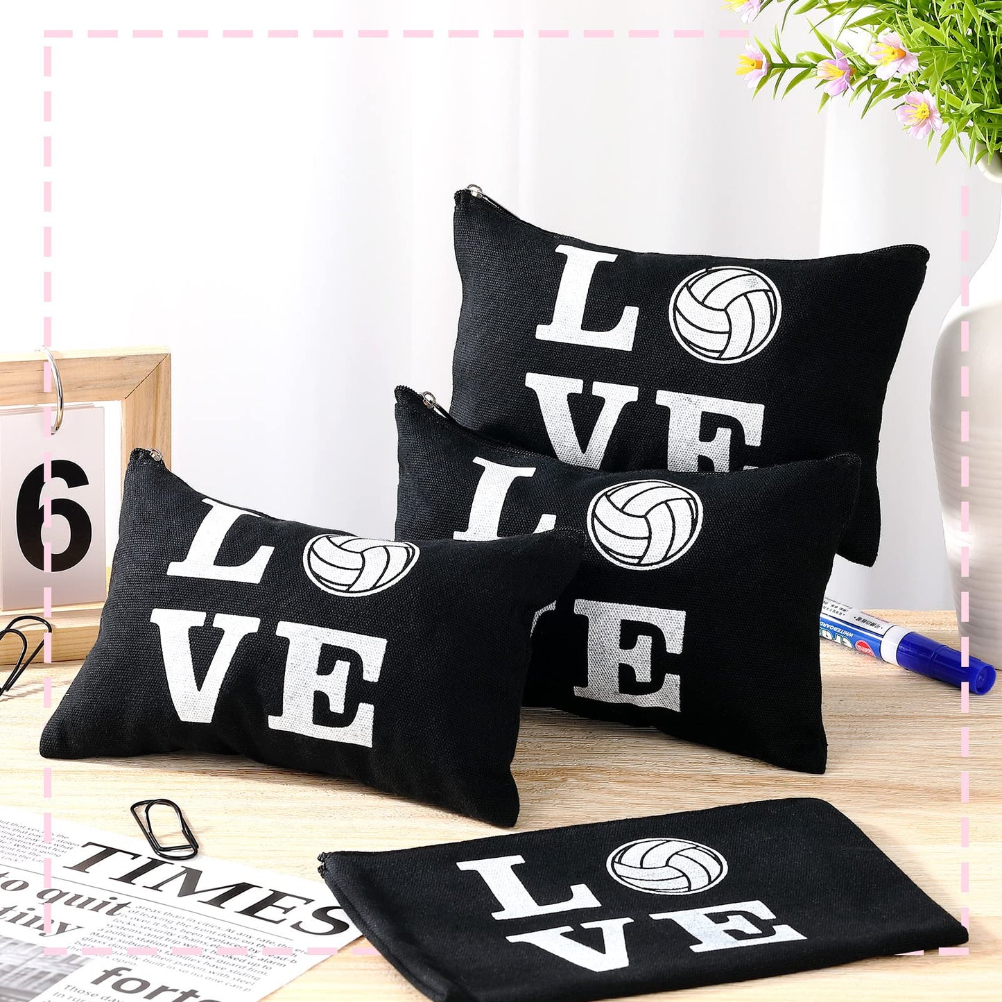 18 Pieces Volleyball Pouch Love Makeup Bag Organizer Travel Women Volleyball Gifts Small Zipper Volleyball Bags Canvas Toiletry Volleyball Team Bag Cute Storage Cosmetic Pencil Case for Players