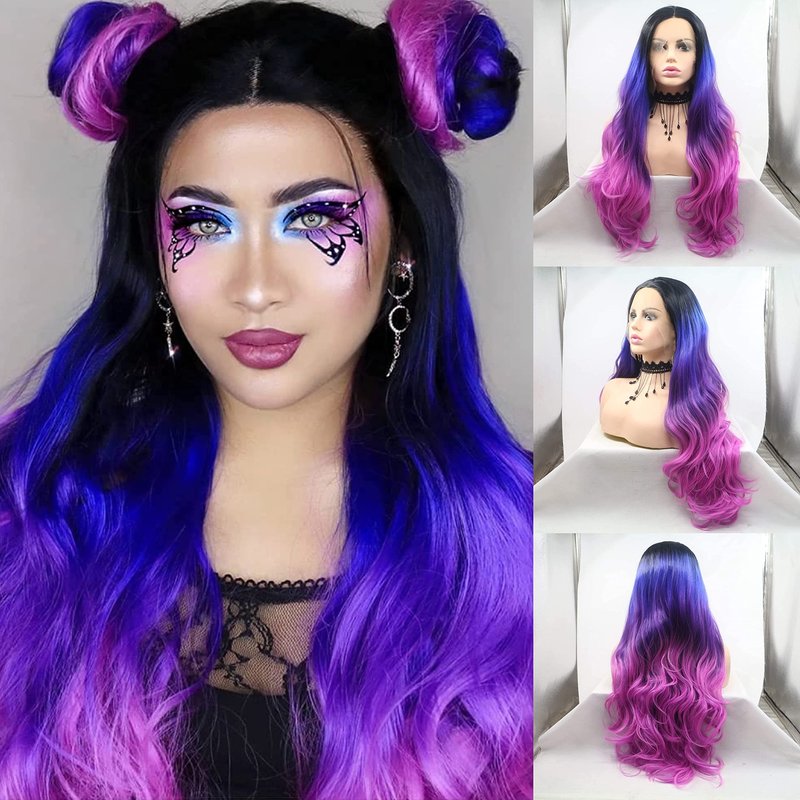 RainaHair Colour Blue Ombre Dark Purple Rose Red Synthetic Lace Front Wigs for Women 4 Tone Color Heat Resistant Party Cosplay Drag Queen Wigs (24 Inch, colour/lace front wig)
