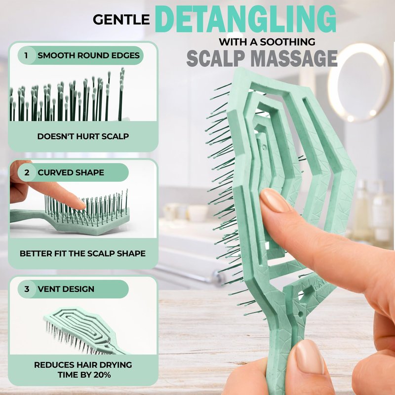 Fiora Naturals Hair Detangling Brush for Women - Detangler Hair Brush w/Flexible Soft Bristles- Gently Glides Through Tangles - Curly, Fine, Dry and Shower Wet HairBrush, cepillo para cabello - Green