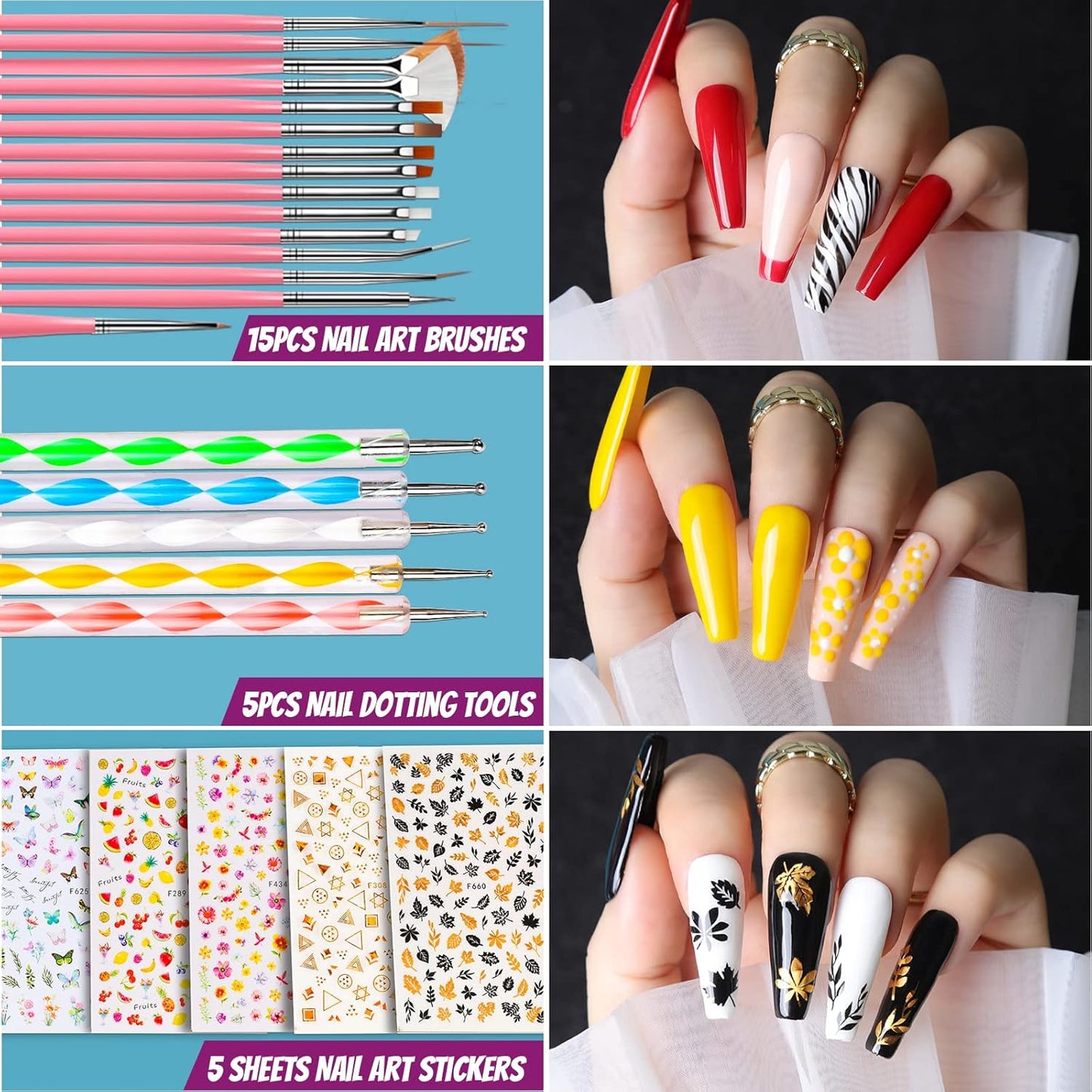 Acrylic Press-On Nail Kit - Clear Coffin Tips, Art Brushes, Glitter & Rhinestones | Complete Nail Supplies
