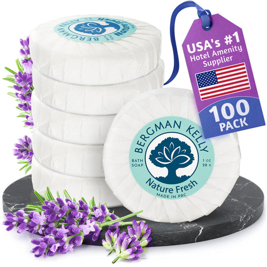 BERGMAN KELLY - Hotel Soap Bars - Nature Fresh, 1 oz, 100 PK - Travel Size Luxury Bulk Amenities Bar Soap - Mini Individually Wrapped Round Soap - Small Toiletries for Airbnb, Motel, Guest Bathroom