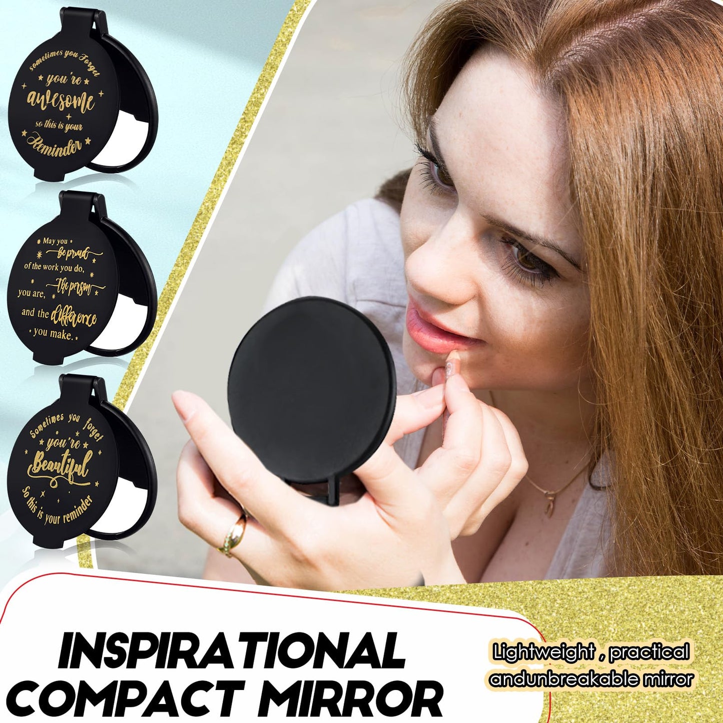 Wenqik 100 Pcs Inspirational Mini Compact Mirrors Bulk, Women Small Gifts Bulk, Group Team Party Favors, Mini Pocket Purse Mirror for Travel, Client, Guest, Wedding, Birthday, Cheerleader (Black)