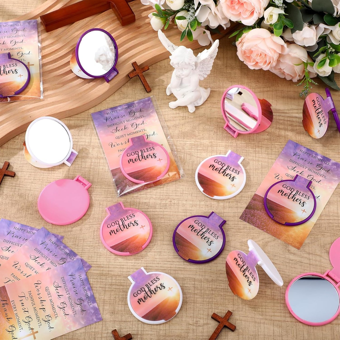 Christian Gifts for Mother's Day - Compact Folding Mirrors with Bible Verses & Happy Mother Cards | 50 Sets - Lavender