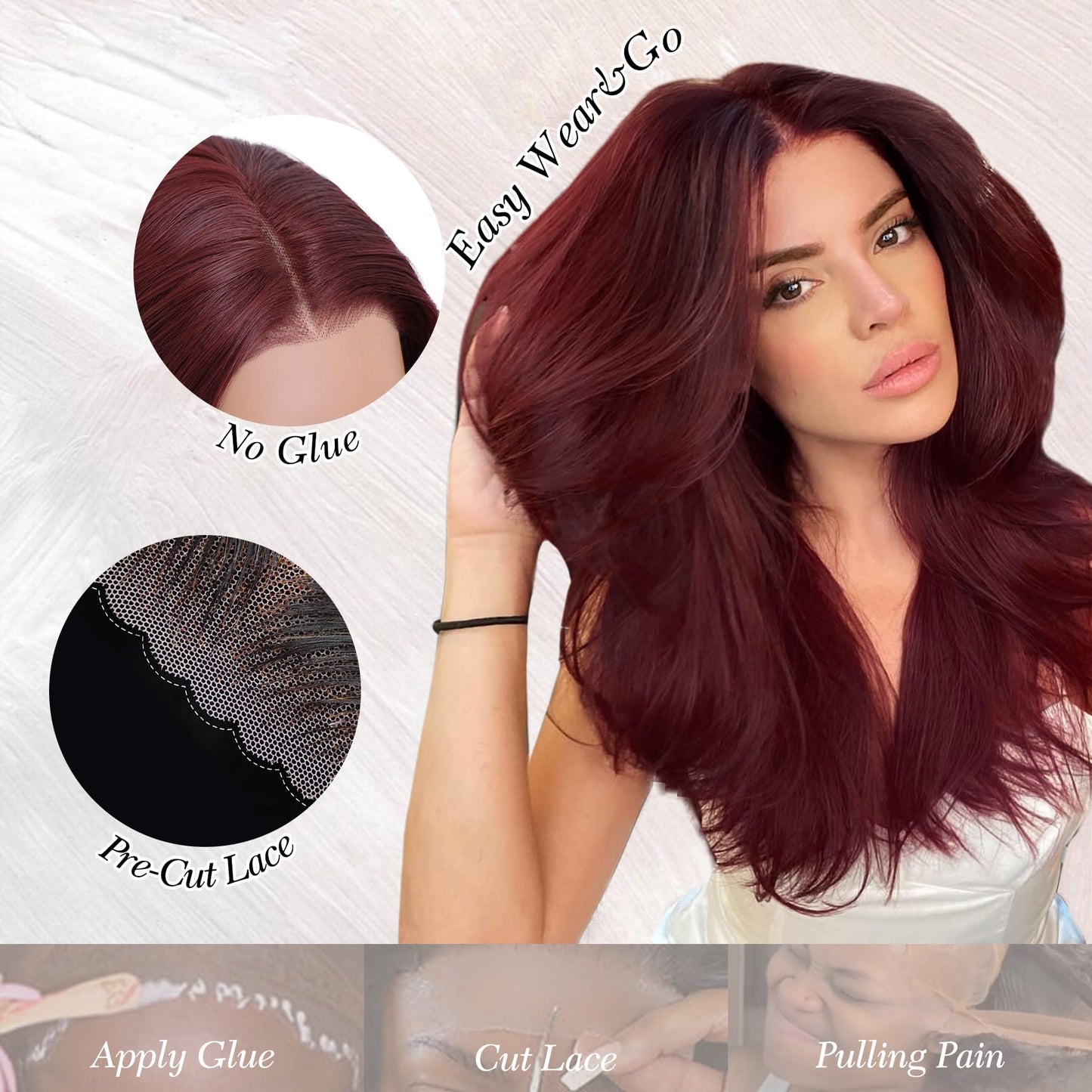 WECAN Wine Red-Synthetic Lace Front Wig Glueless Wig 13X4 Pre Plucked Pre Cut Wavy Wig