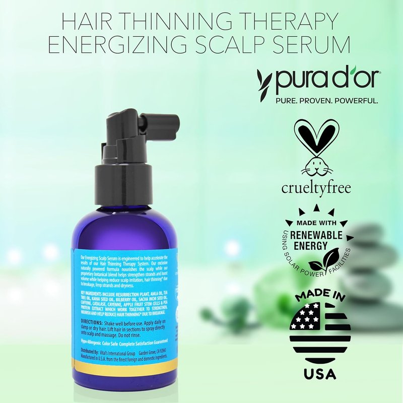 PURA D'OR Hair Thinning Therapy Serum - Energizing Scalp Treatment with Biotin & Caffeine | 4oz for All Hair Types