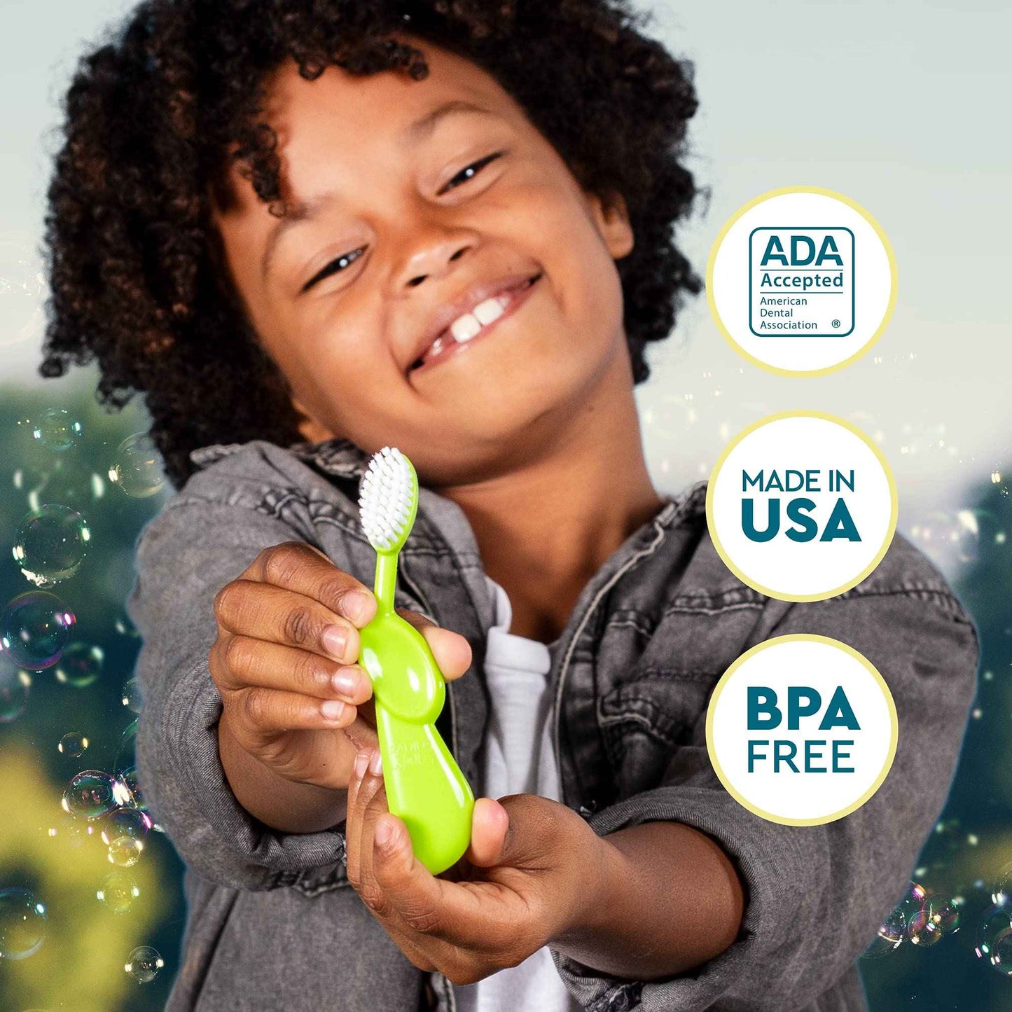 RADIUS Children's Toothbrush, Kids Brush, Extra Soft Bristles, Right Handed, Green/Blue/Orange, BPA Free & ADA Accepted, Designed to Clean Delicate Teeth & Gums for Children 6 Years & Up, Pack of 3