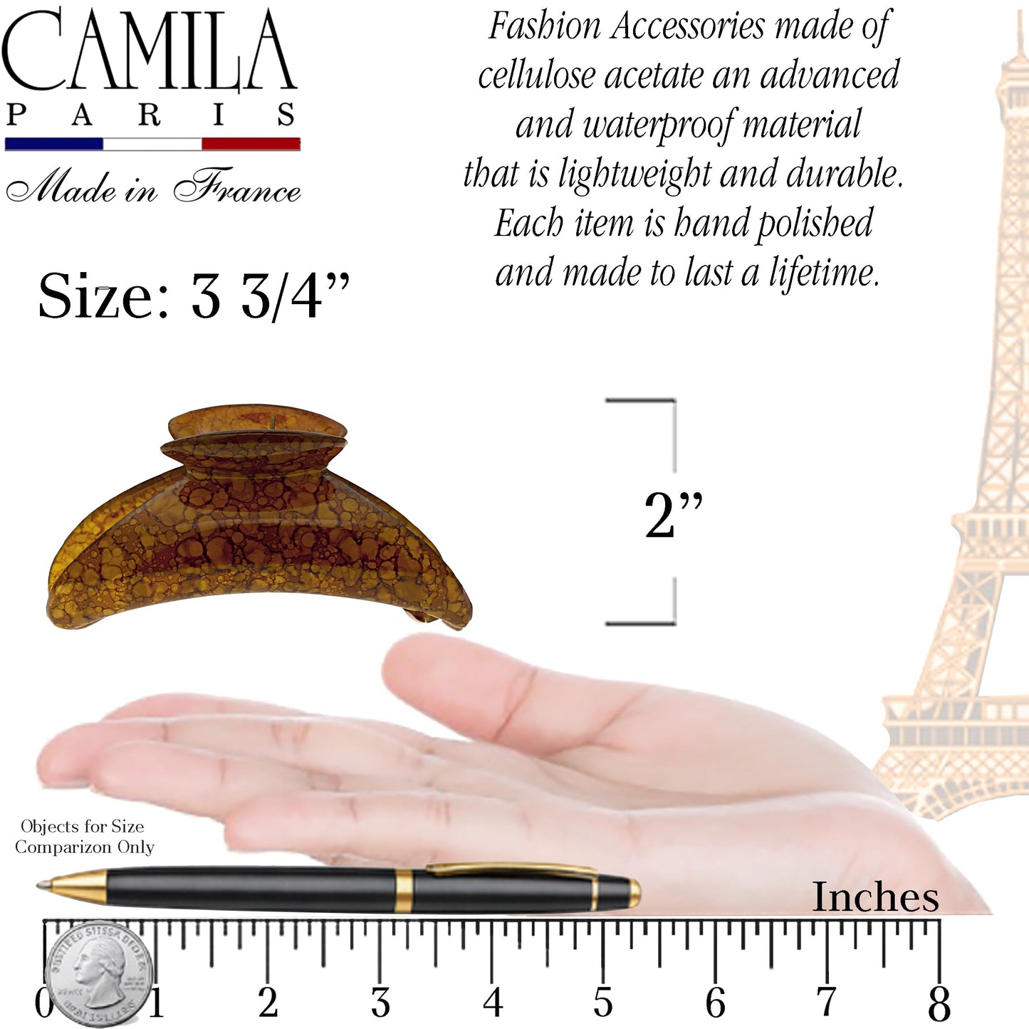 Camila Paris MP925 French Hair Clip for Women Thick Hair for Long Curly Wavy Hair, Girls Hair Claw Clips Jaw, Durable Styling Big Claw Clip for Thick Hair, Strong Hold No Slip Grip, Made in France