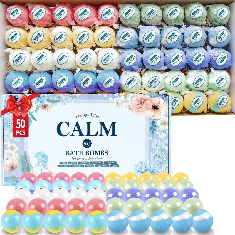 TranquilBliss Bath Bombs Set - 50 PCS Natural Bubble Bombs with Shea Butter | 10 Rich Scents for Women