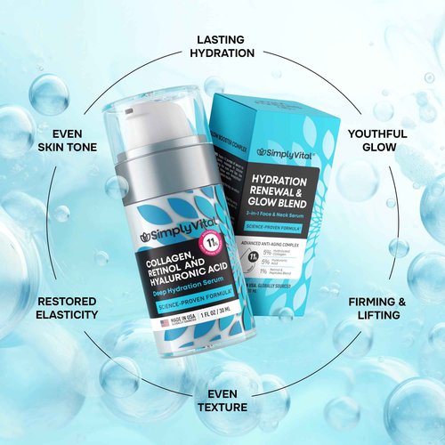 SimplyVital Collagen, Retinol & Hyaluronic Acid Serum - Anti-Aging Moisturizer for Face, Neck & Décolleté - Made in USA, Deep Moisturizing Skin Care Complex - Hydrating Facial Serum for Women, 1 fl.oz