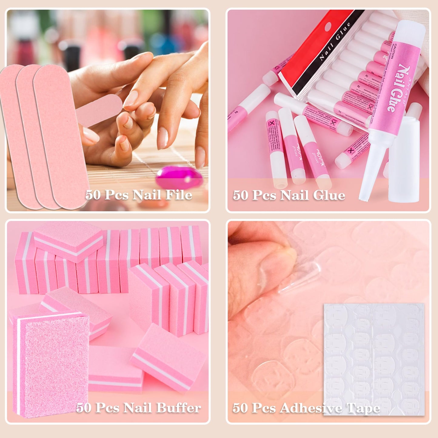 50 Set Press On Nail Tool Prep Kit for Salon Business, Disposable Manicure Kit with Nail File, Buffer, Glue, Prep Pad, Instruction Card, Adhesive Tabs, Wood Stick, Holographic Bag