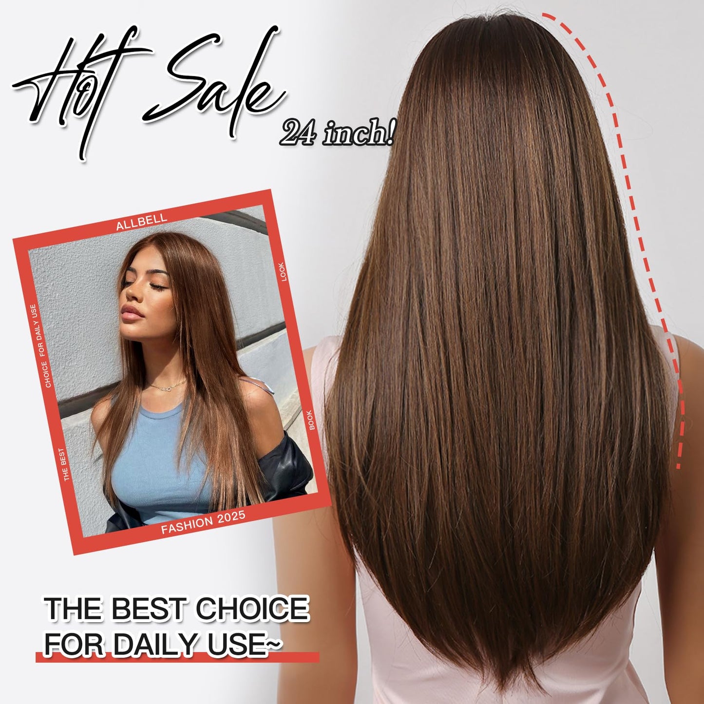Allbell Brown Wigs for Women Long Straight Wig Layered Brown Hair Wig 24Inch Middle Part Dark Brown Wig Natural Heat Resistant Synthetic Fiber Wig for Party Halloween