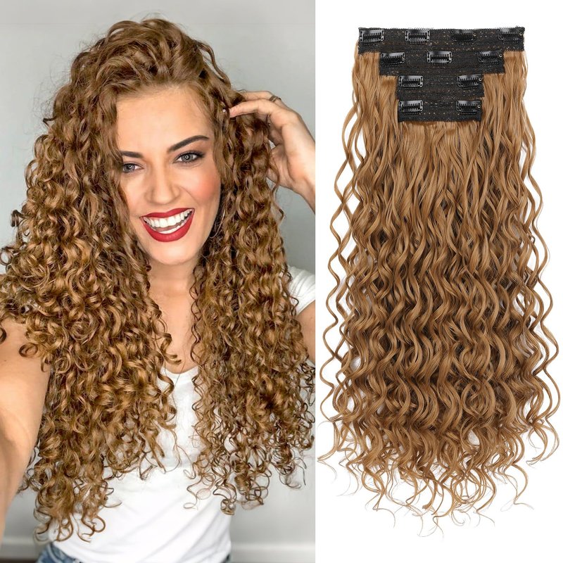 REECHO Curly Clip in Hair Extensions, 4PCS 24 inch Long Hair Extensions Clip ins Lace Weft Natural Hairpieces for Women Daily, Strawberry Blonde
