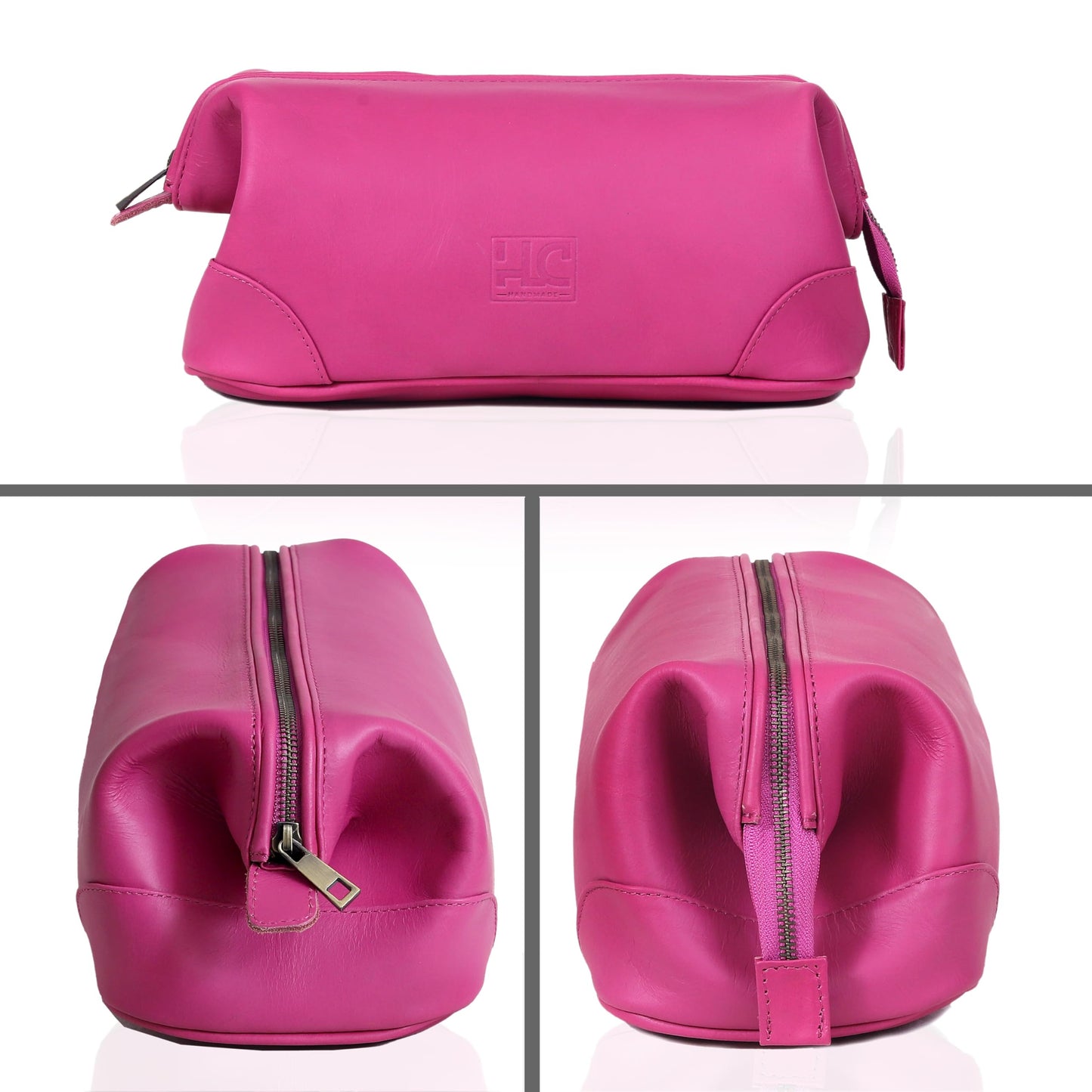 HLC Leather Toiletry Bag for Men Best Gift Premium Genuine Dopp Kit Shaving Kit Organizer Travel Kit Pouch Bag 10 inch Size (Pink)