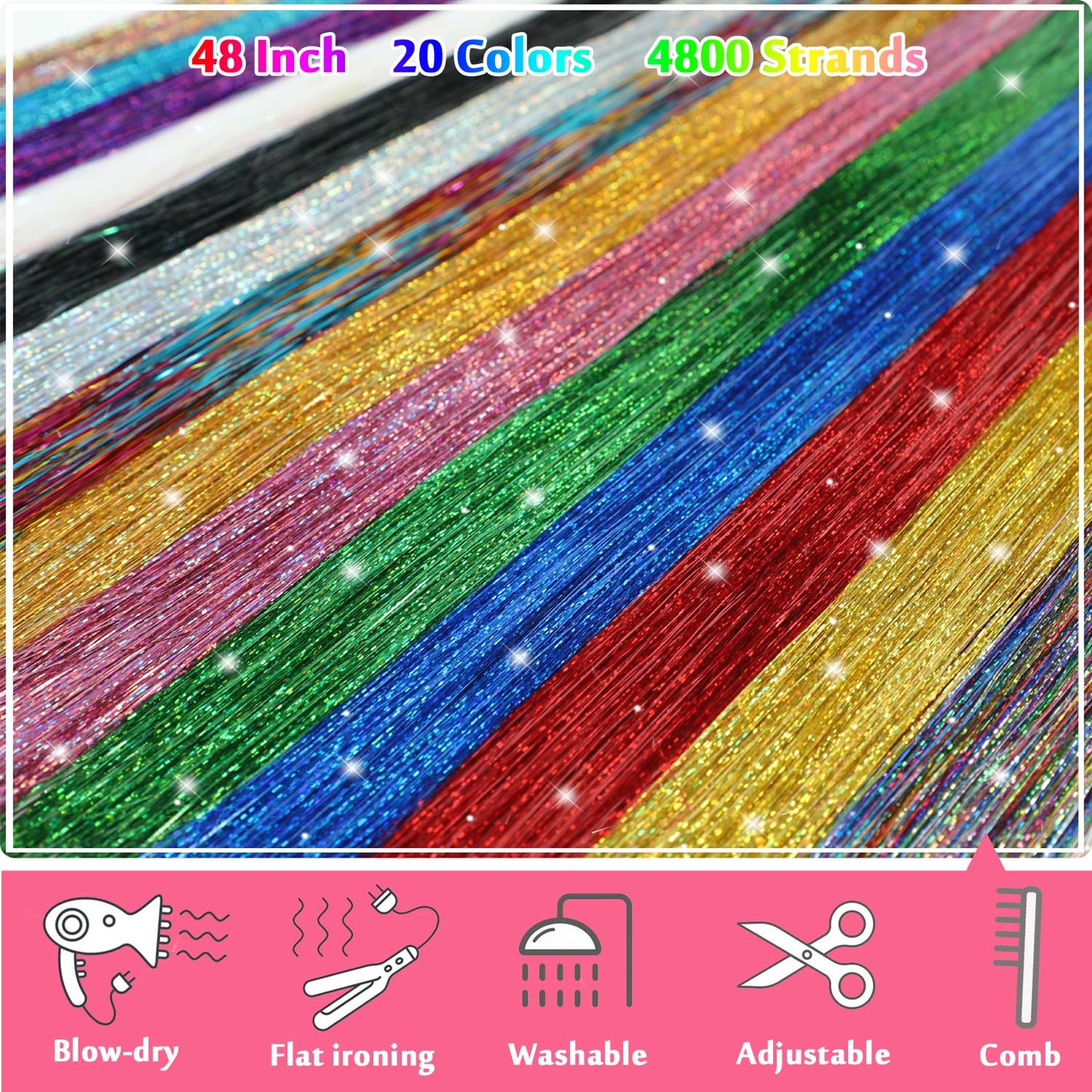 Hair Tinsel Kit 20 Colors 4800 Strands Fairy Hair Tinsel Heat Resistant 48 Inches Glitter Tinsel Hair Extensions Highlights Sparkling Hair Tinsel Kit for Girls Hair Accessories Party Festival