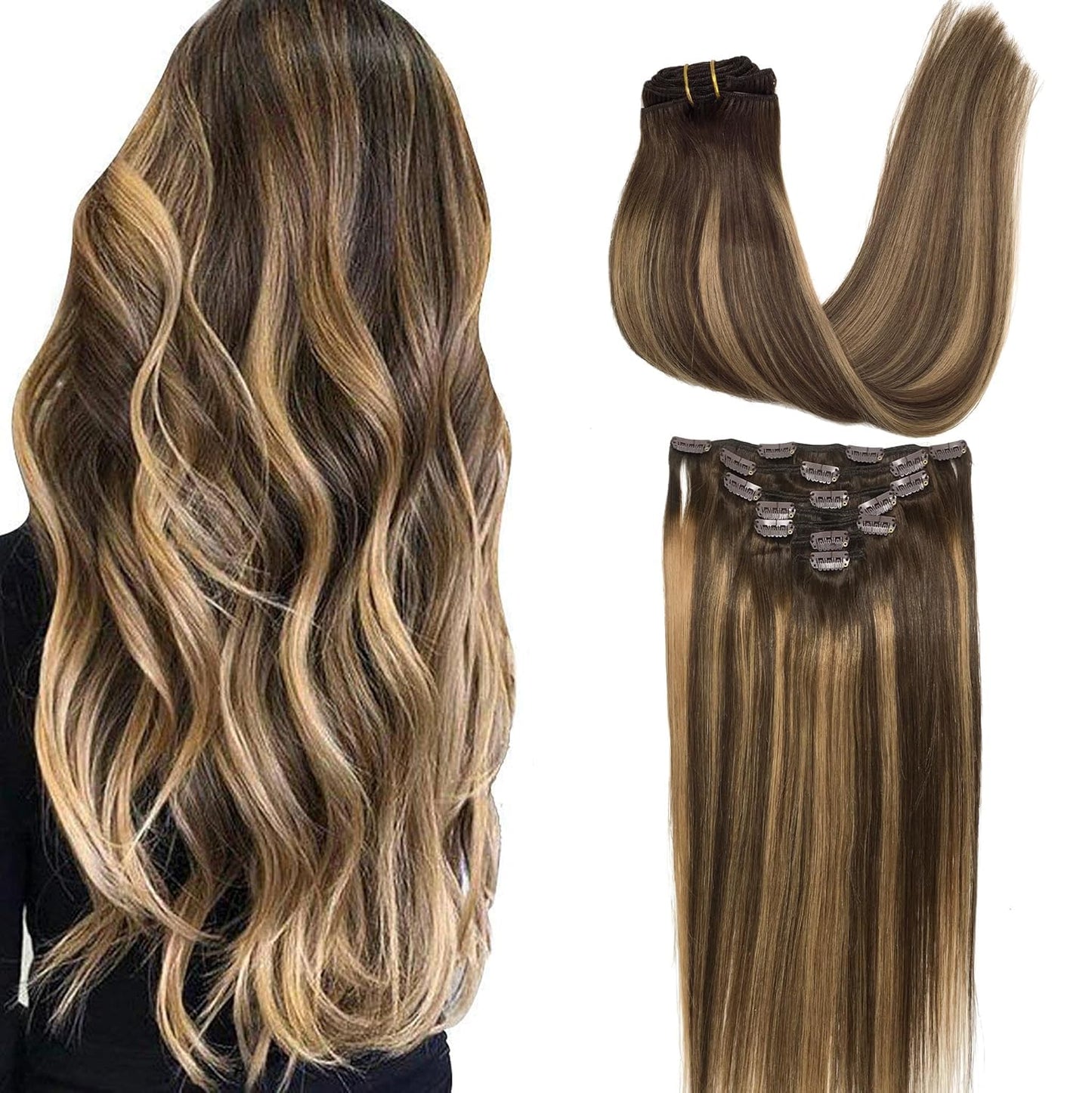 Clip In Hair Extensions Real Human Hair 12Inch 120g 100% Remy Human Hair Extensions Clip Ins Invisible Seamless Straight Human Hair Clip In Extensions 7pcs Double Weft #4/27