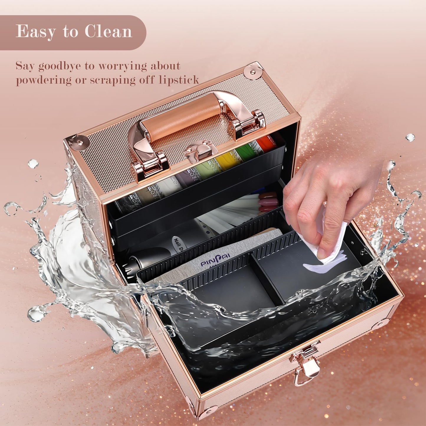 FRENESSA Makeup Train Case Makeup Case Travel Cosmetic Box Organizer Portable Make Up Box with Dividers Lockable for Artist Nail Sewing Vanity Storage Makeup Travel Case Rose Gold