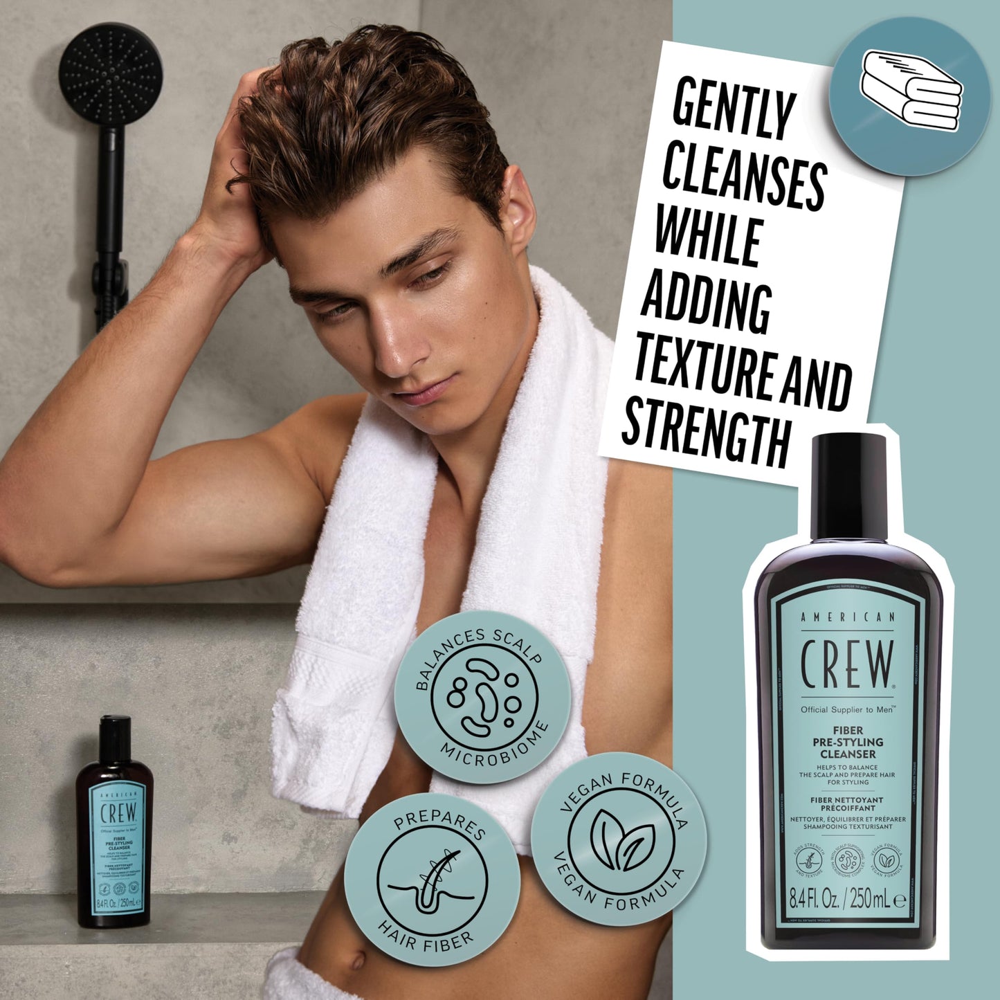 AMERICAN CREW Men's Pre-Styler Fiber Shampoo for Damaged & Fine Hair, Strengthening & Scalp Balancing, Adds Thickness & Shine, Vegan, 8.4 fl oz
