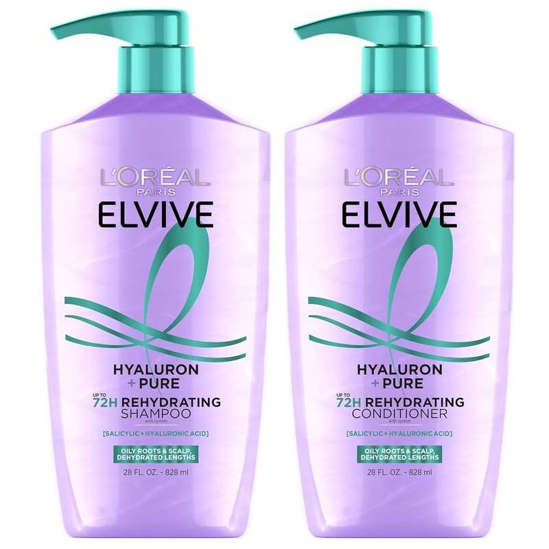 L'Oreal Paris Elvive Hyaluron + Pure Shampoo & Conditioner Set - Clarifying & Hydrating Duo with Salicylic Acid | 1 Kit