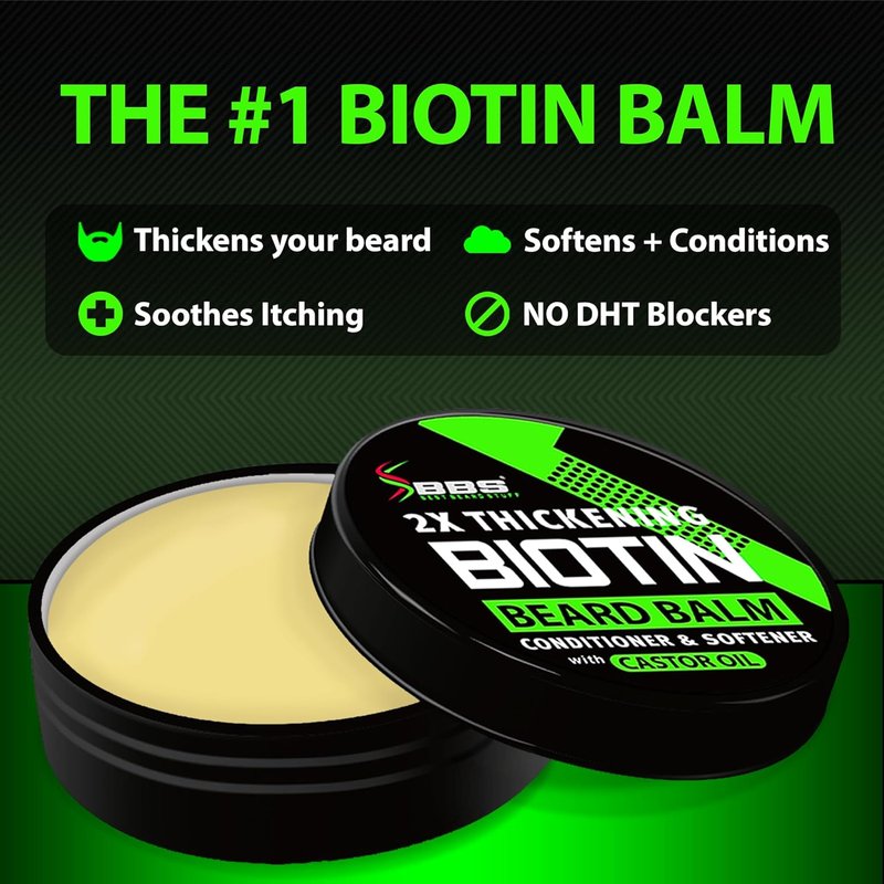 Biotin Beard Balm for Men - Organic Thickening Mustache Wax with Castor Oil | Hydrating Facial Hair Growth Conditioner