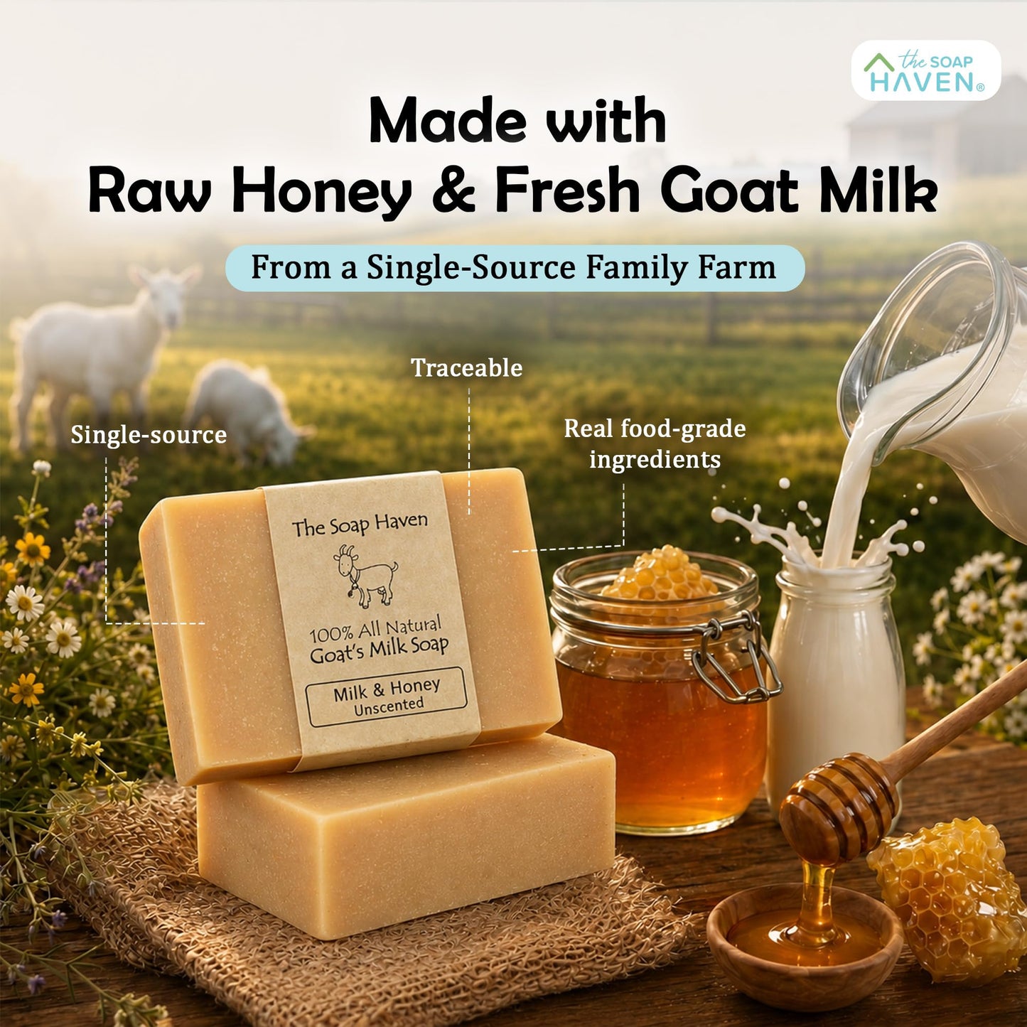 4 Goat Milk Soap Bars with Honey - Handmade in USA. All Natural Soap, Unscented, Fragrance Free, Fresh Goats Milk. Wonderful for Sensitive Skin and Babies. SLS, Paraben, GMO-Free