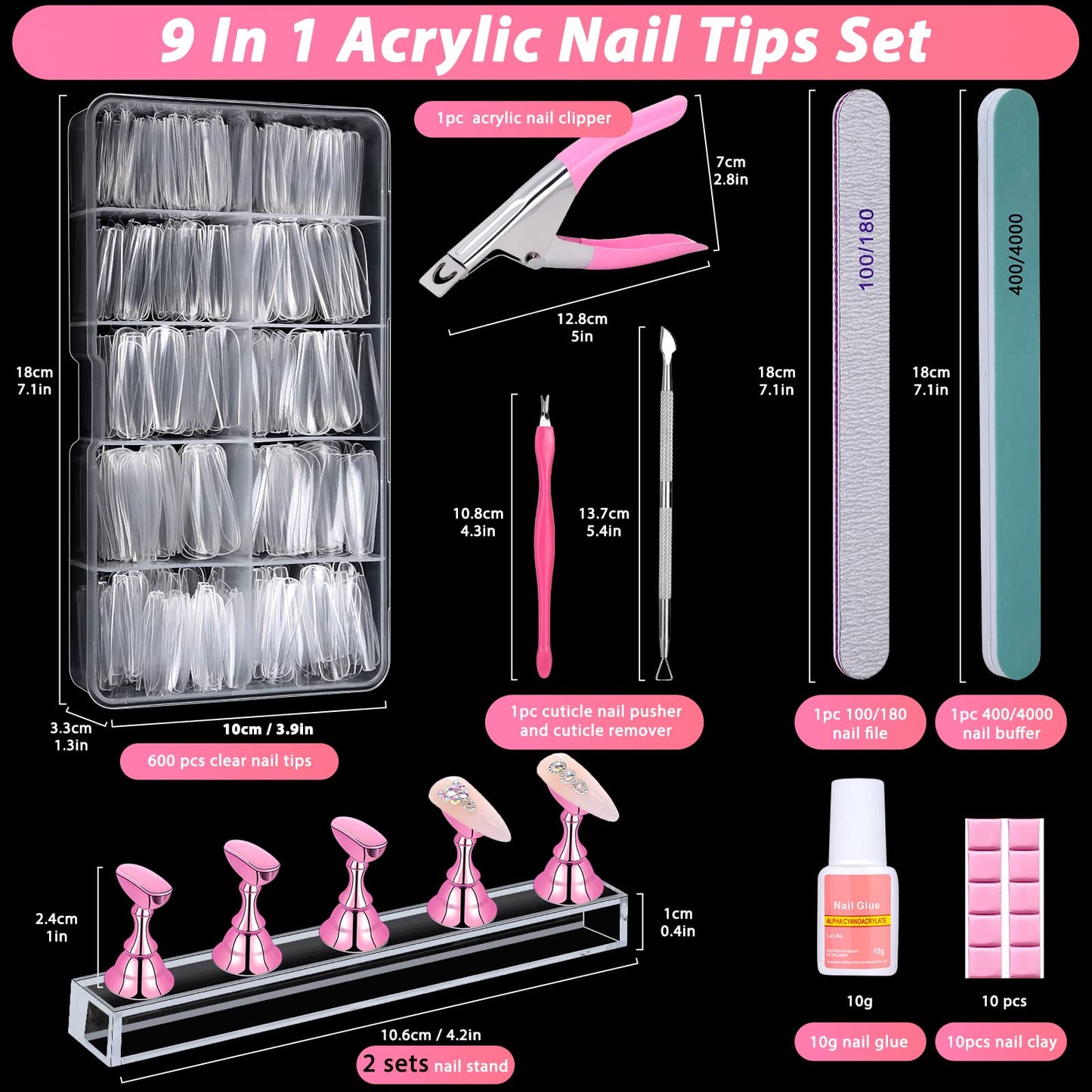 600PCS Clear Coffin Nail Tips Set Qinzave Clear Acrylic Nail Tips with Nail Glue Coffin Nails Full Cover with Nail Display Stand, Cuticle Nail Pusher Remover, Nail Files Buffer