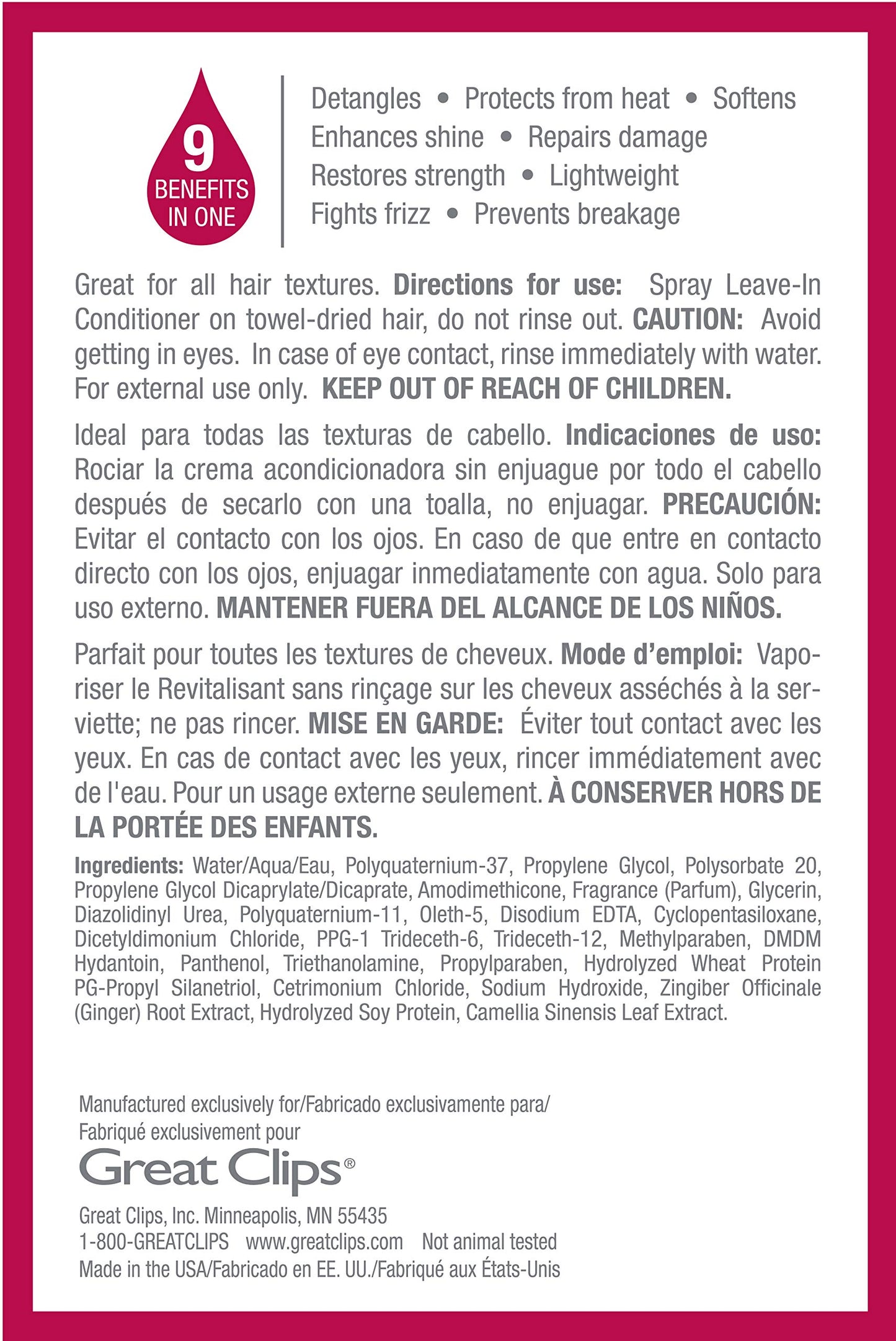 GREAT CLIPS Solutions Nourishing Leave-In Conditioner | 8oz Spray | Detangles and Hydrates Hair