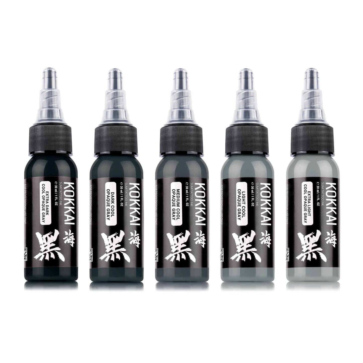 Kokkai Sumi Cool Opaque Gray Tattoo Ink Set, Premium Quality, Precision Medium Viscosity, Rich Hue, Quick Healing, Acrylic-Free, Water-Based, Ready-to-Use Ink for Precision Tattooing (Set of 5, 1 oz)