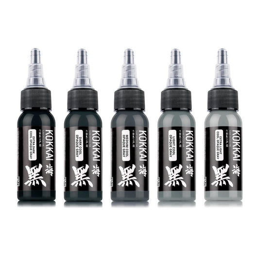 Kokkai Sumi Cool Opaque Gray Tattoo Ink Set, Premium Quality, Precision Medium Viscosity, Rich Hue, Quick Healing, Acrylic-Free, Water-Based, Ready-to-Use Ink for Precision Tattooing (Set of 5, 1 oz)