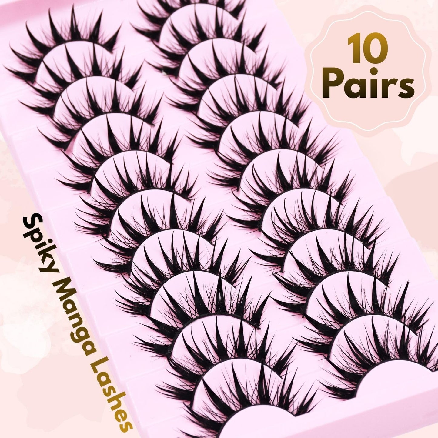 Anime Manga Style Cat Eye False Eyelashes 10 Pairs Wet Look C-Curl Spiky Makeup Lashes with Cotton Band for Cosplay, Daily Wear & Party