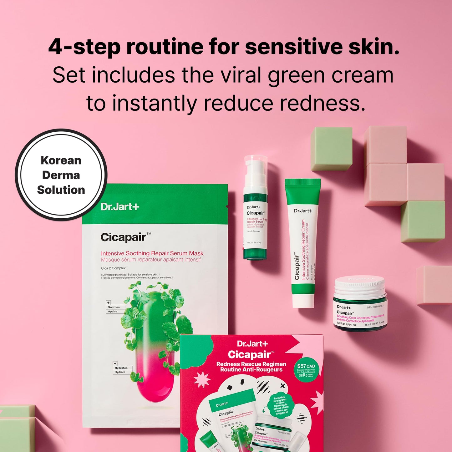 Dr.Jart+ Cicapair Redness Rescue Regimen Korean Skin Care Set with Centella Asiatica | 4 Piece Travel Size Value Gift Set | Gifts for Women