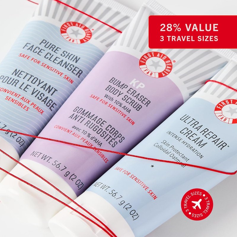 First Aid Beauty Cleanse, Smooth + Hydrate Kit | Travel Size Facial Cleanser, KP Body Scrub & Ultra Repair Cream