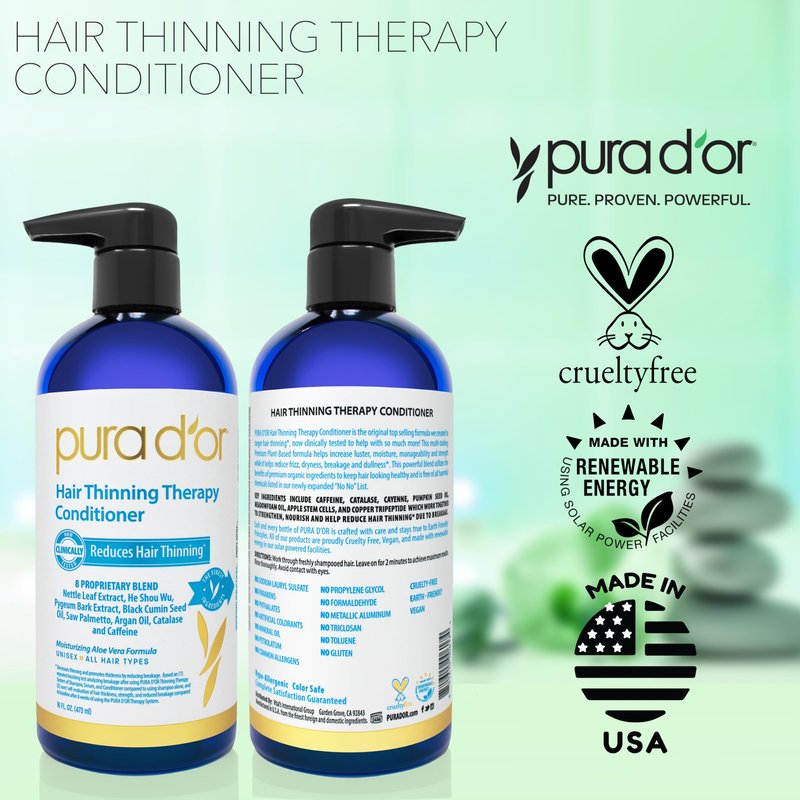 PURA D'OR 16 Oz Hair Thinning Therapy Biotin Conditioner, CLINICALLY TESTED Effective Results, Low Lather Deep Moisturizing Herbal Blend Hair Thickening Products For Women & Men, Color Safe
