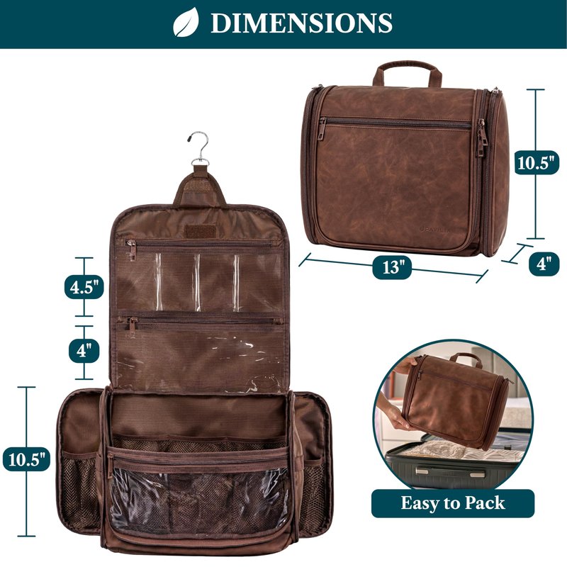 PAVILIA Large Hanging Toiletry Bag Travel Bag Women Men, PU Leather Cosmetic Organizer, Water Resistant Makeup Bag Accessories Toiletries, Travel Essentials Kit, Brown
