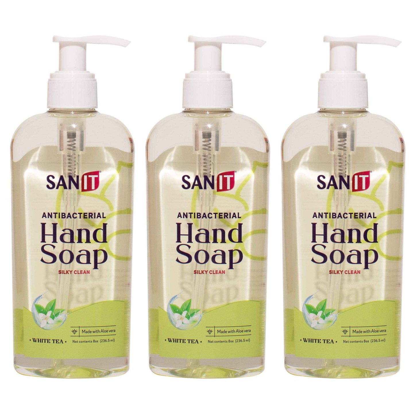 Sanit Silky Clean Antibacterial Liquid Gel Aromatic Hand Soap - Advanced Formula with Coconut Oil and Aloe Vera - Natural Moisturizing Hand Wash - Made in USA, White Tea, 8 oz, 3 Pack