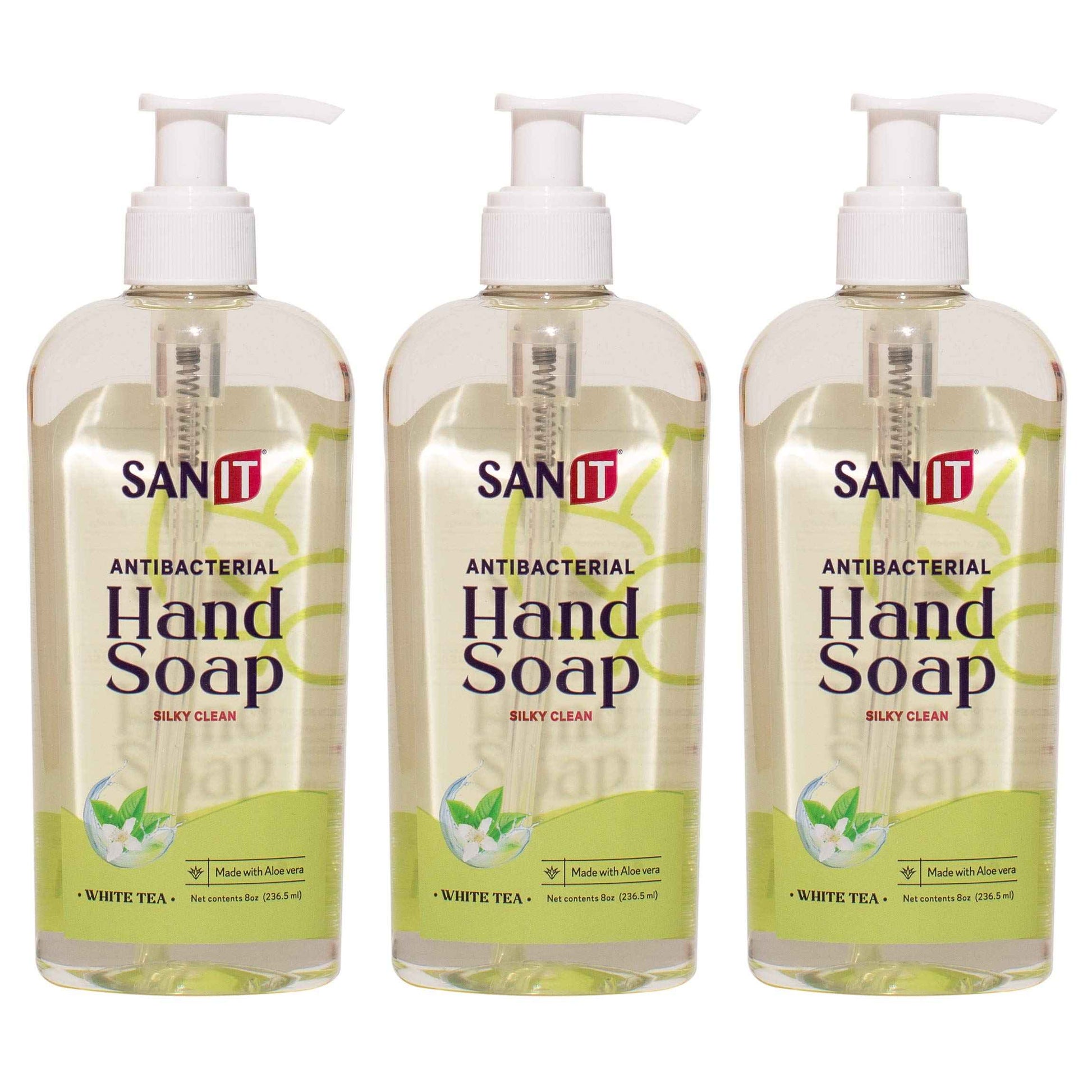 Sanit Silky Clean Antibacterial Liquid Gel Aromatic Hand Soap - Advanced Formula with Coconut Oil and Aloe Vera - Natural Moisturizing Hand Wash - Made in USA, White Tea, 8 oz, 3 Pack