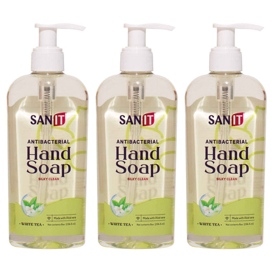 Sanit Silky Clean Antibacterial Liquid Gel Aromatic Hand Soap - Advanced Formula with Coconut Oil and Aloe Vera - Natural Moisturizing Hand Wash - Made in USA, White Tea, 8 oz, 3 Pack