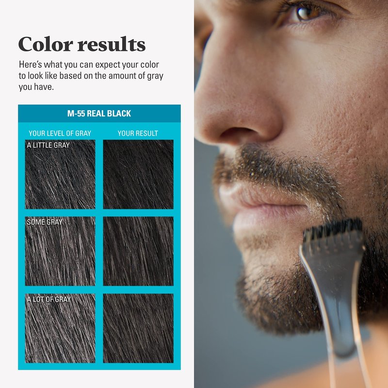 Just For Men Mustache & Beard, Beard Coloring for Gray Hair with Brush, With Keratin Biotin Aloe and Coconut Oil for Healthy Facial Hair - Real Black, M-55, Pack of 3