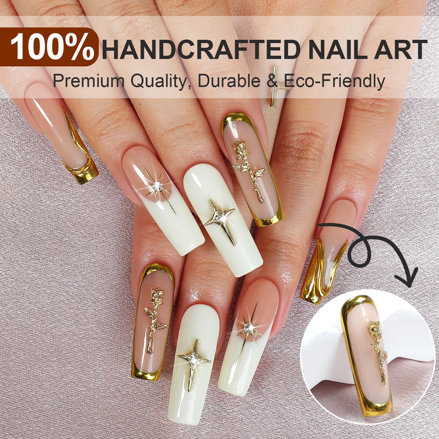HOMSERA Handmade XL White Press On Nails Long Square, French Tips 3D Sun Golden Flower Charms Design, 10PCS Luxury Acrylic Fake Nails with Sparkling Crystals, Reusable Full Cover Glam Nails for Women