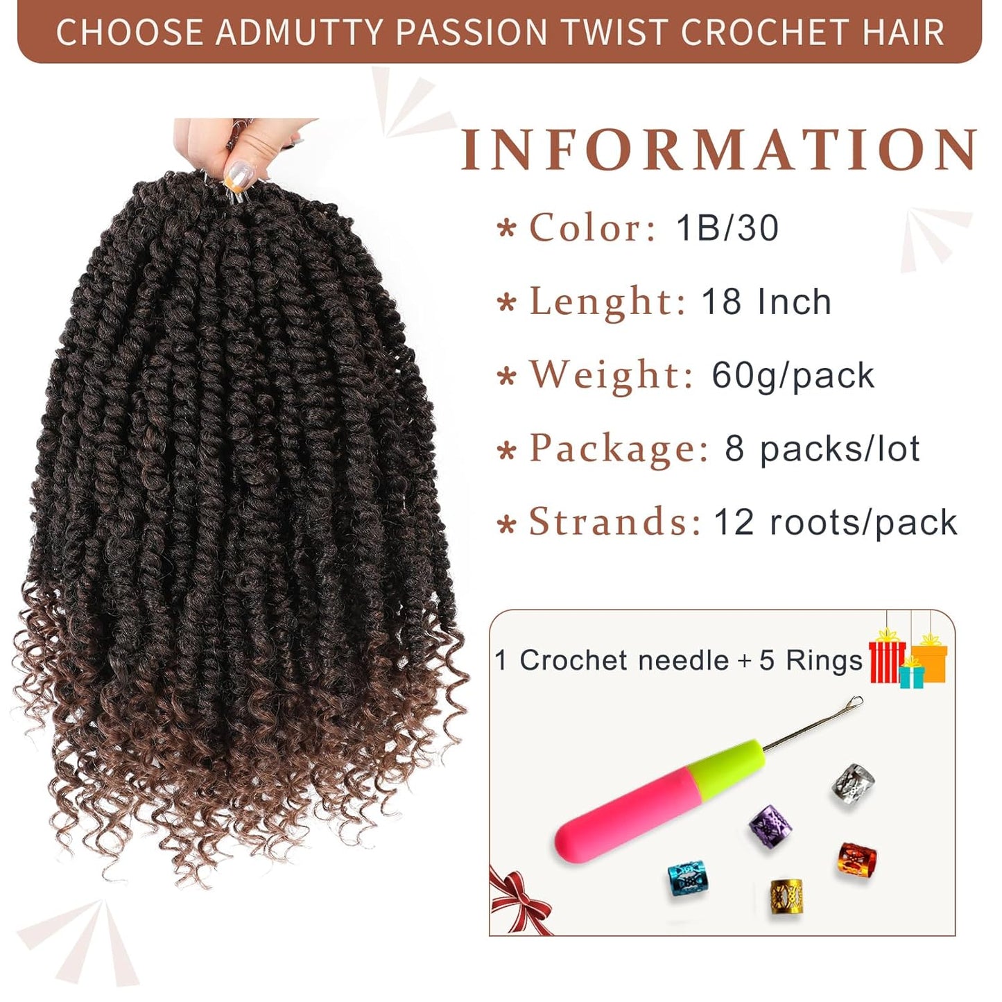 Passion Twist Crochet Hair - Pre-Twisted 18 Inch Soft Curly Braids | 8 Packs for Black Women (T30)