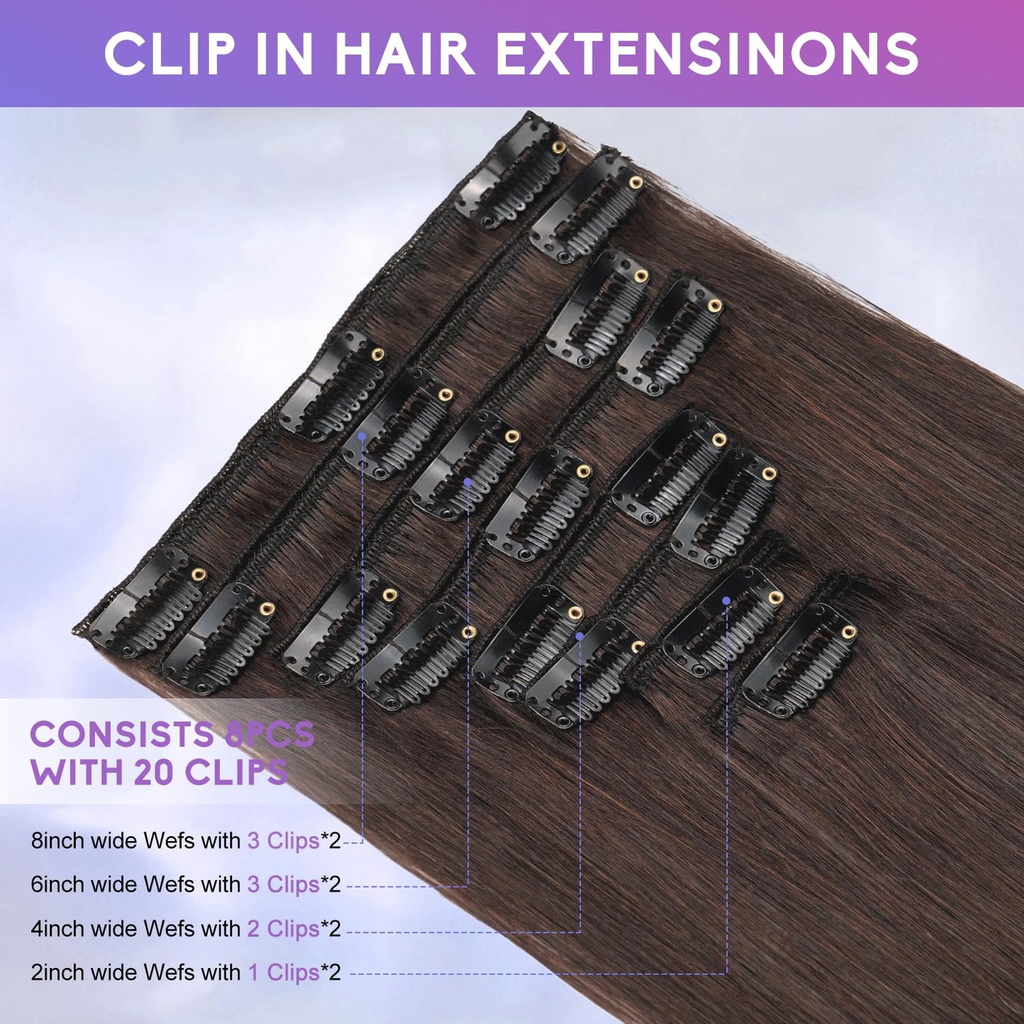 ZNXDJXE Dark Brown Clip in Hair Extensions Real Human Hair Invisible Seamless Remy Human Hair Clip in Extensions for Women 16 Inch, 8pcs Per Set with Double Weft