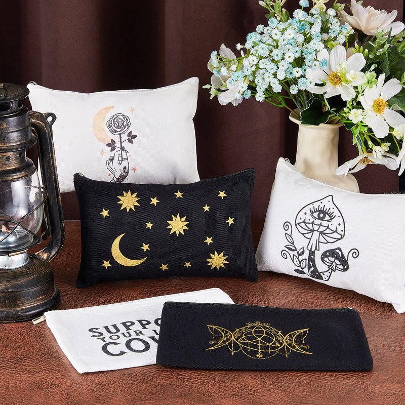 Patelai 18 Pieces Moon Witch Zipper Pouch Bag Tarot Cards Phase Bag Witch Purse Gothic Aesthetic Canvas Makeup Bags Witchy Crystals Toiletry Bags Witchcraft Snake Cosmetic Bags for Women Girls