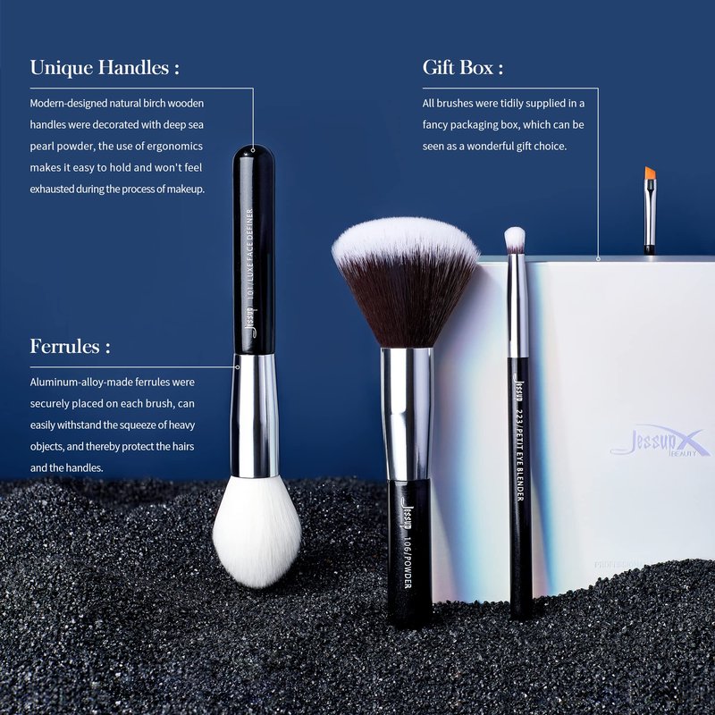 Jessup 25pcs Professional Makeup Brush Set Foundation Powder Concealer Eyeshadow Blending Blush Highlighter Natural-Synthetic Hair Brushes (Black/Silver)