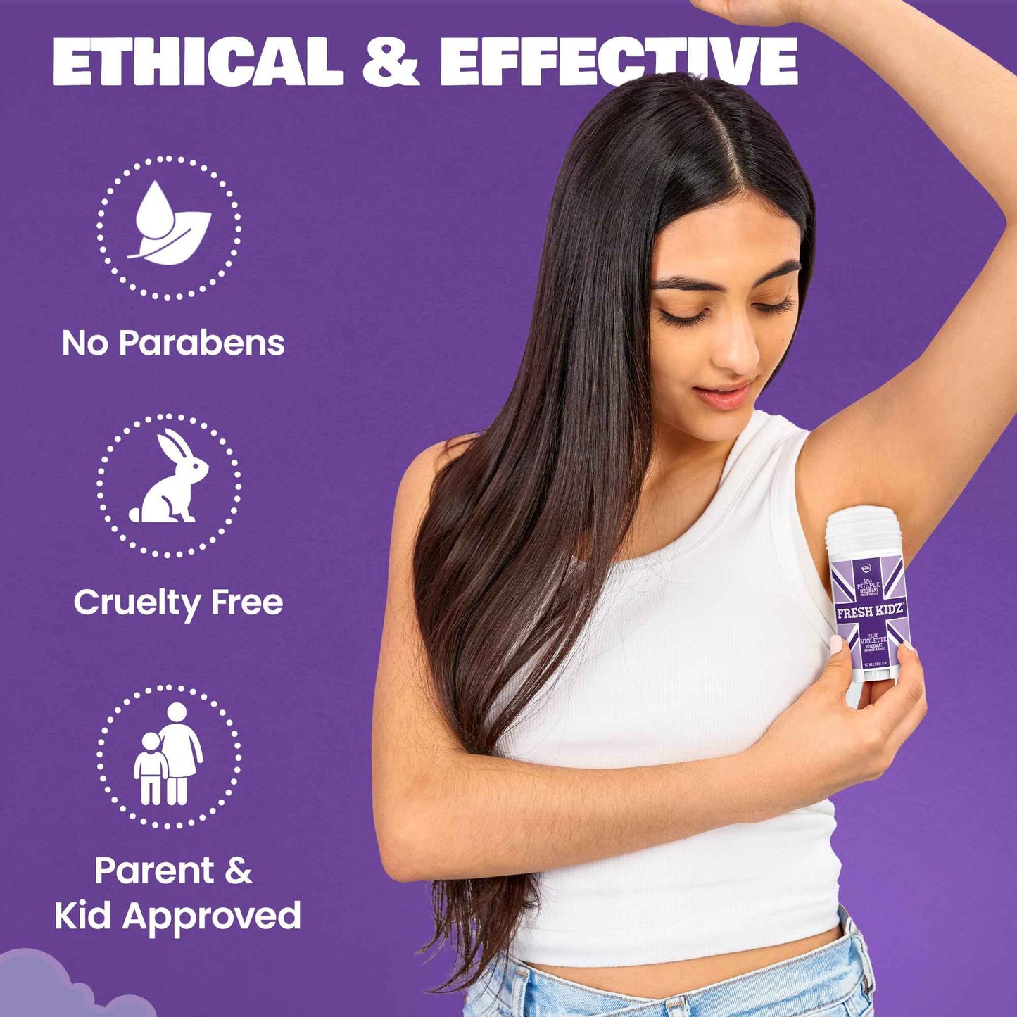 Fresh Kidz Deodorant Stick for Kids and Teens - Baking Soda and Aluminum-free 24 Hour Protection for Sensitive Skin - Girls "Purple", 2.65 oz / 75 g (2 Pack)