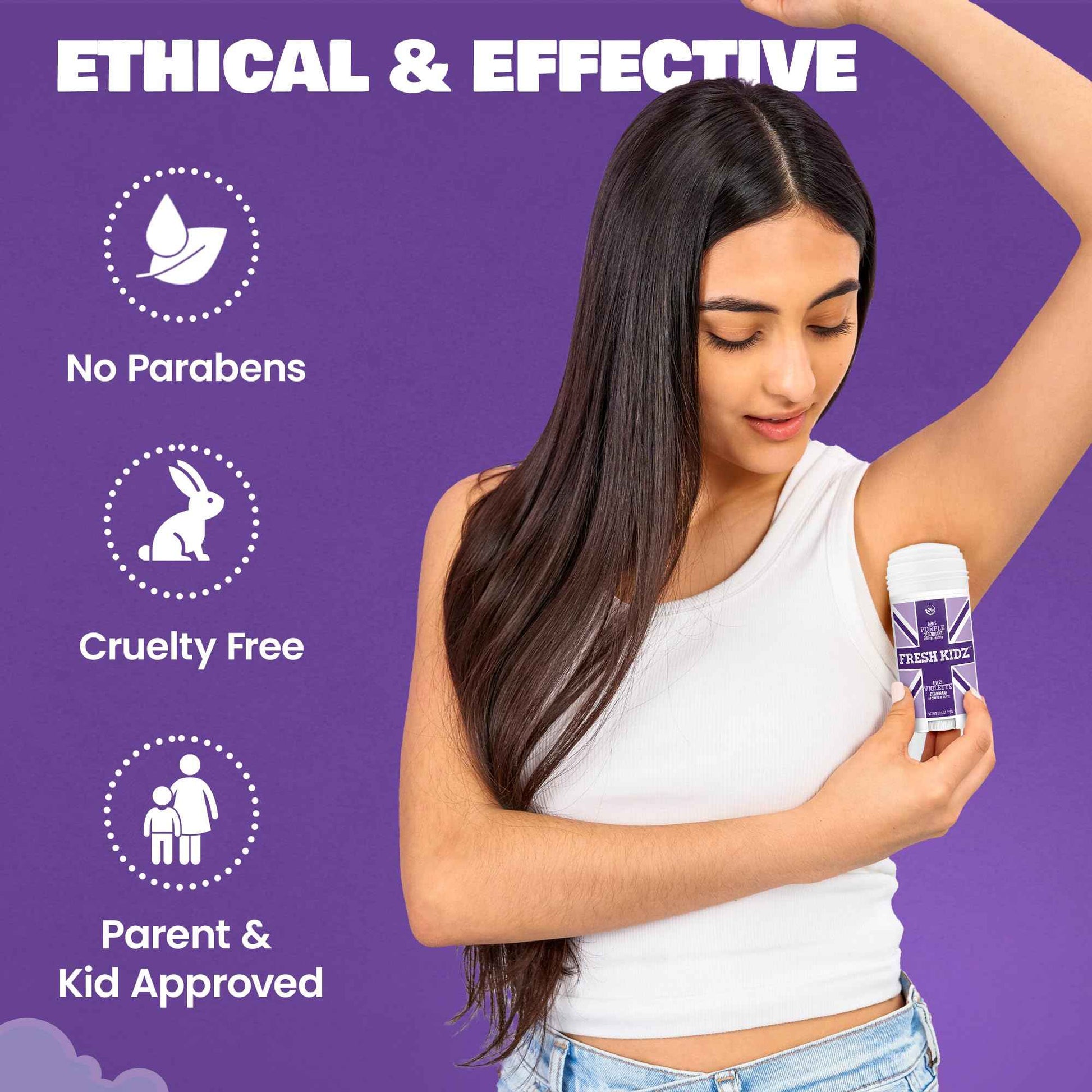 Fresh Kidz Deodorant Stick for Kids and Teens - Baking Soda and Aluminum-free 24 Hour Protection for Sensitive Skin - Girls "Purple", 2.65 oz / 75 g (2 Pack)