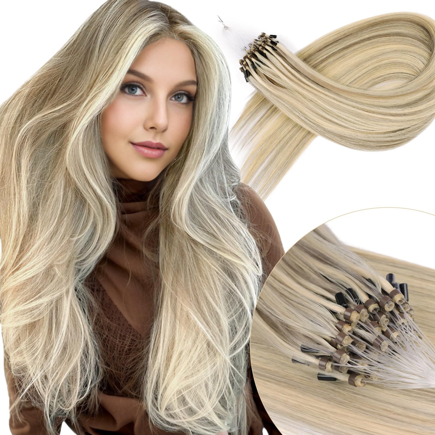 KiiKiiGirl Microlink Hair Extensions Human Hair,14 Inch #16/60 Blonde Highlight Golden Mixed Grayish Brown Micro Loop Microbead Micro Link Hair Extensions Human Hair Invisible Straight 30g/43s