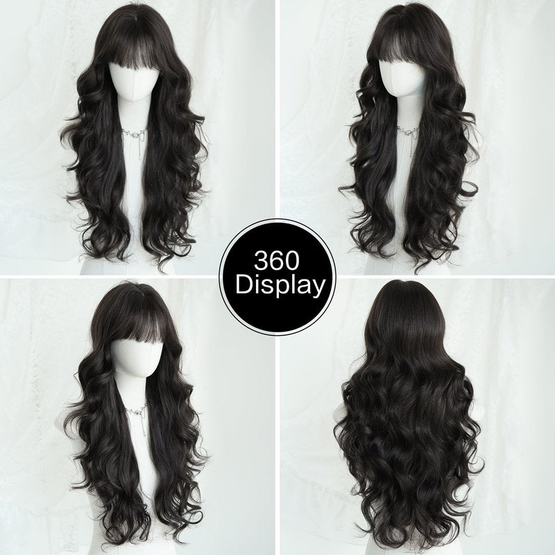 PARK YUN Black Hair Long Wavy Wig With Bangs 30 Inches Sthetic Thick Wig Heat Resistant Ladies Body Wave Wigs For Black Women Natural Looking Daily Party Use